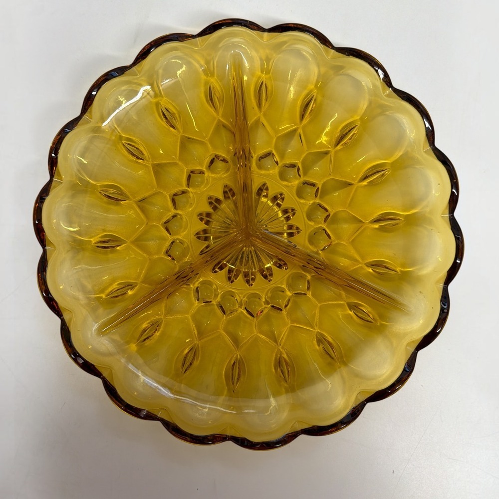 Anchor Hocking Fairfield 3 Part Divided Relish Candy Dish Amber Glass 8.75" Dia